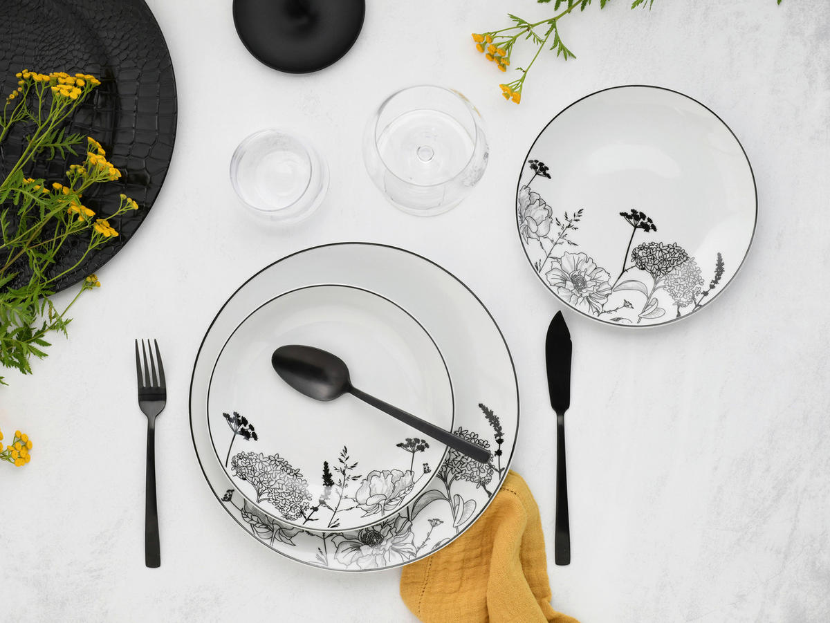 CreaTable Tafelservice Luna Black Flower weiß Porzellan 18 tlg. Luna Black Flower - weiß - CreaTable