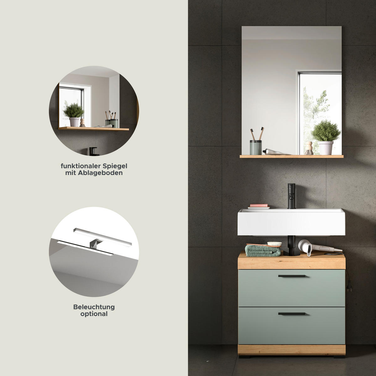Badezimmer-Set Scout Eiche Artisan Nachbildung salbei Nachbildung B/H/T: ca. 60x191x37 cm Scout - Eiche/salbei (60,00/191,00/37,00cm) - xonox.home