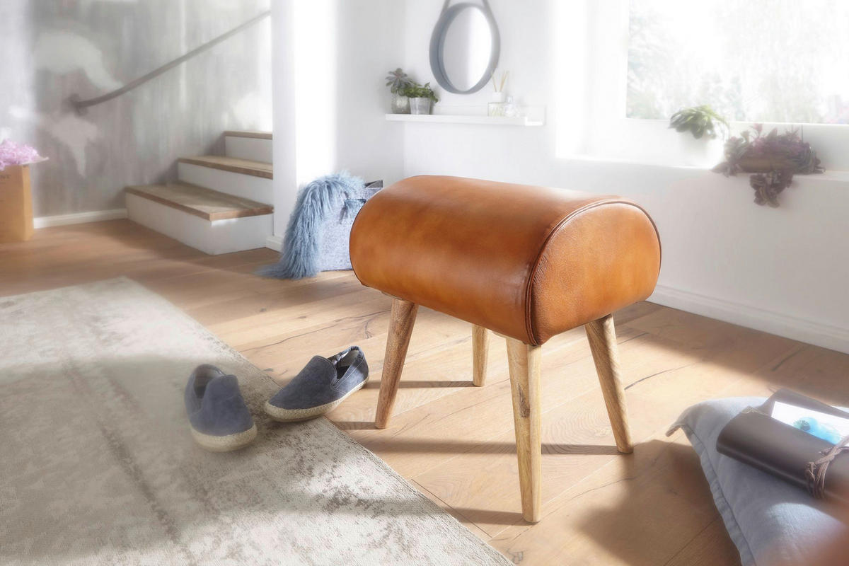 Wohnling Sitzhocker braun natur Leder Echtholz B/H/T: ca. 45x53x40 cm Sitzhocker - braun/natur (45,00/53,00/40,00cm) - Wohnling