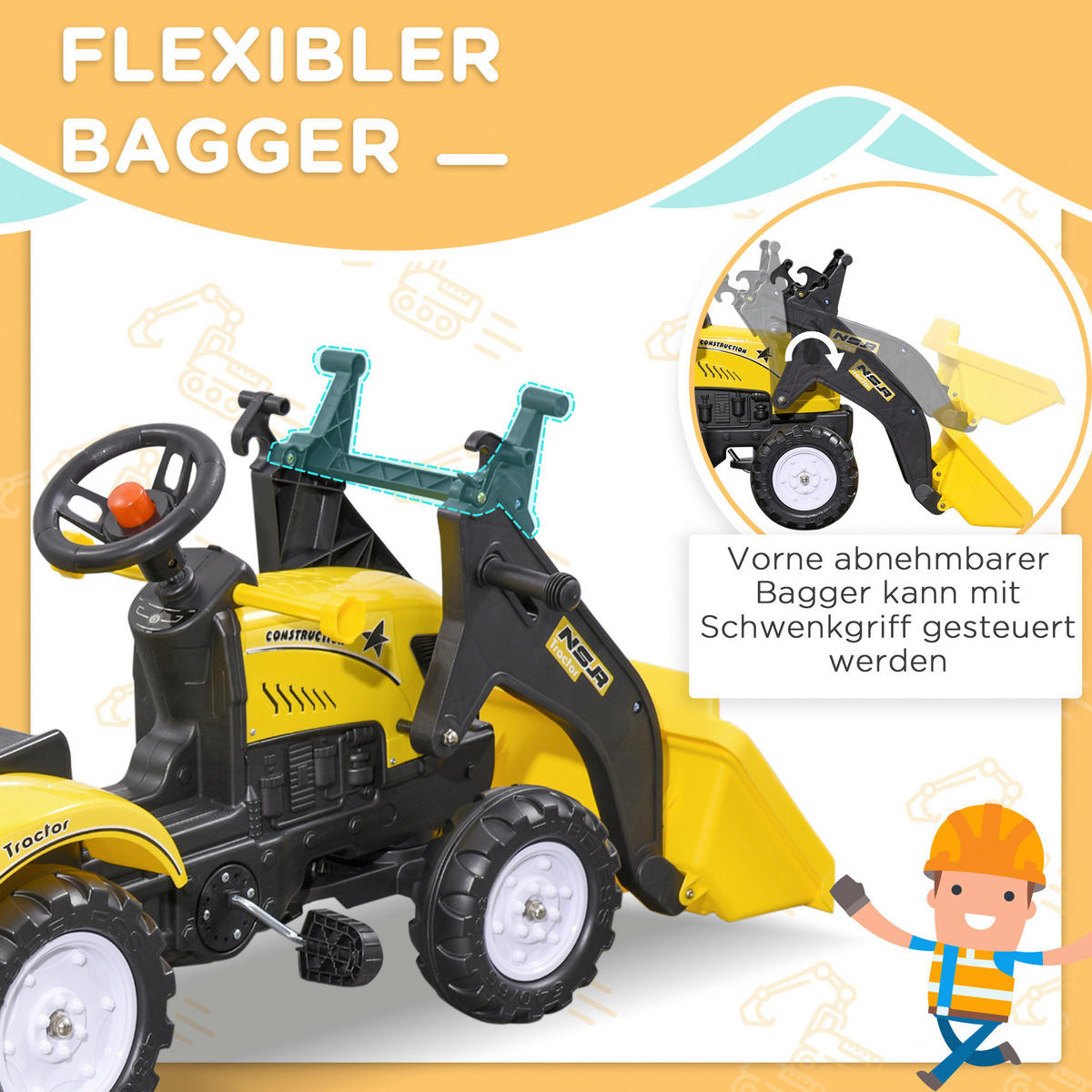 HOMCOM Kinder-Trettraktor gelb B/H/L: ca. 41x52x167 cm Kinder-Trettraktor - gelb (167,00/41,00/52,00cm) - HOMCOM