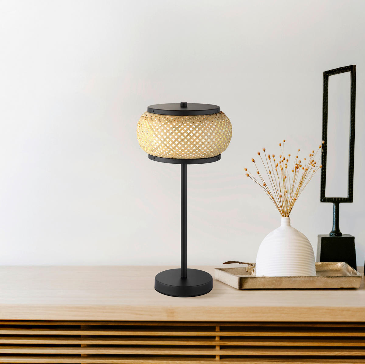 GLOBO Tischleuchte mattschwarz natur Metall Bambus H/D: ca. 46,1x22 cm 1 Brennstellen BAMBORA - natur/mattschwarz (22,00/46,10cm) - GLOBO