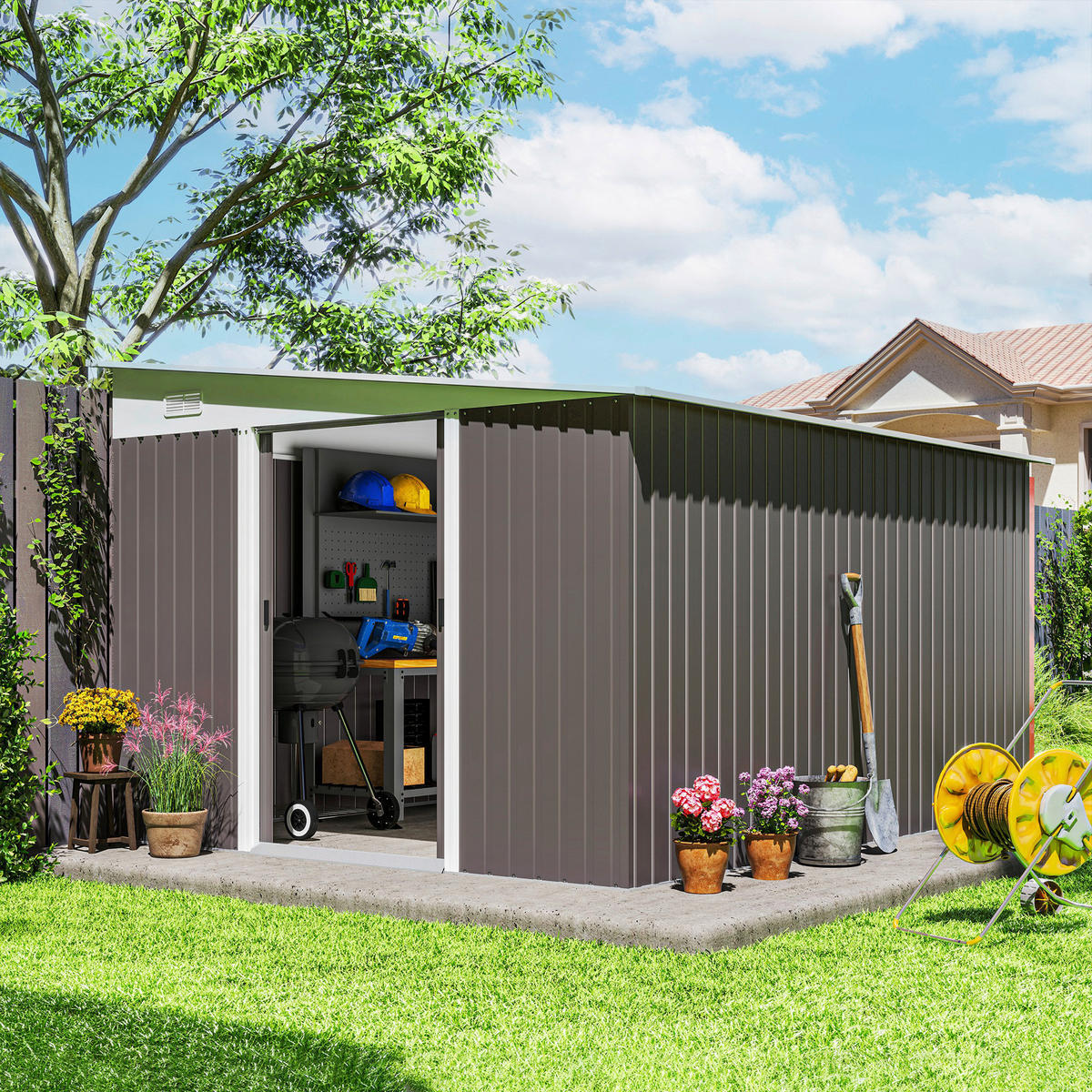 Outsunny Gartenschuppen grau Stahl B/H/L: ca. 345x201x280 cm Gartenschuppen - grau (280,00/345,00/201,00cm) - Outsunny