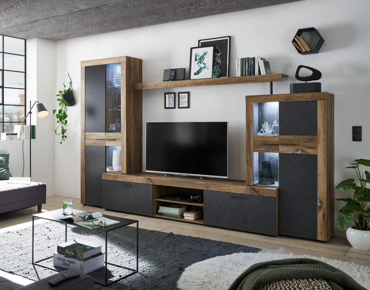 Wohnwand Boost Eiche Flagstaff Nachbildung Matera Nachbildung B/H/T: ca. 320x205x45 cm Boost - Eiche (320,00/205,00/45,00cm)