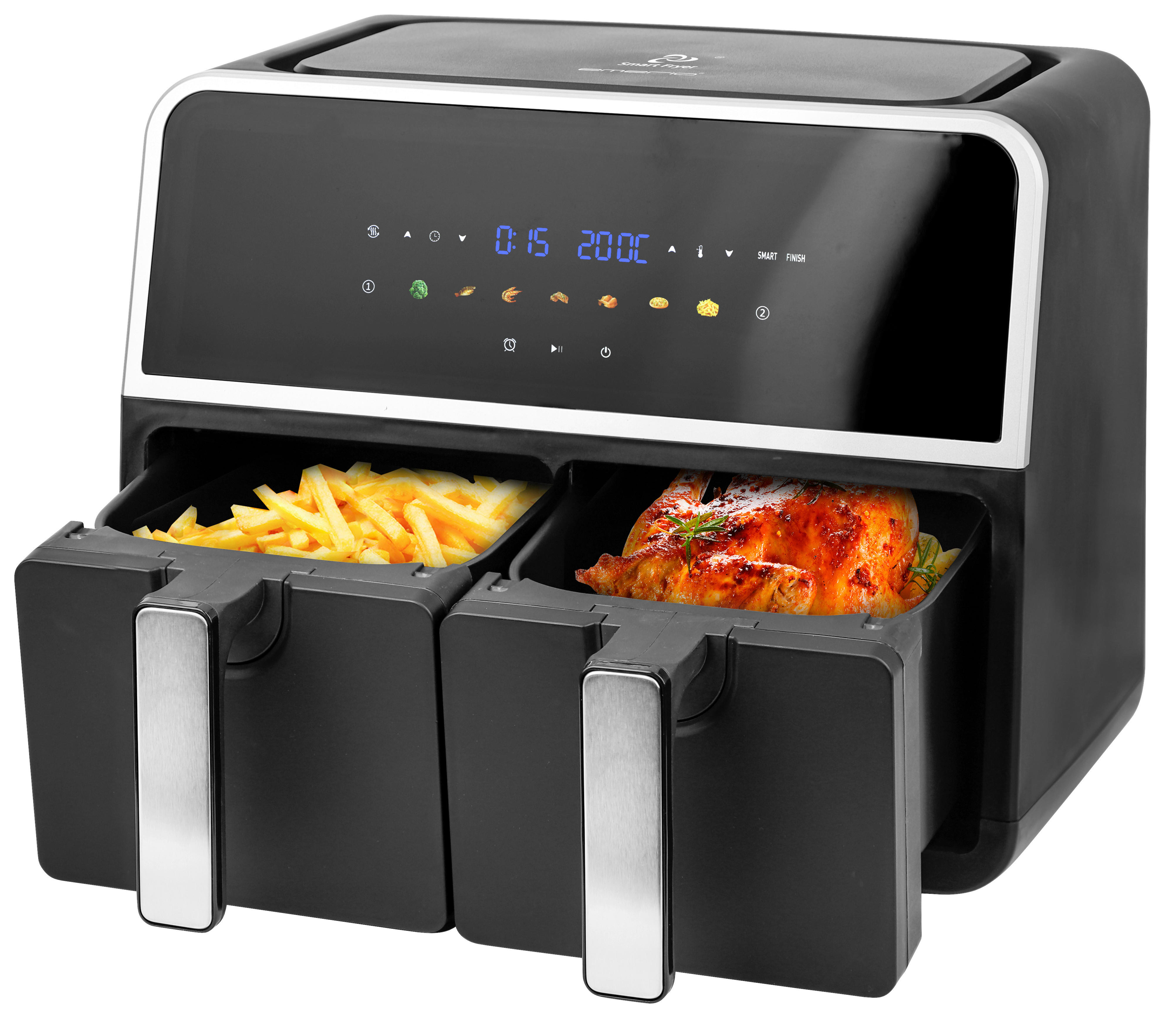 Emerio Heißluftfritteuse AF-132833 schwarz Kunststoff B/H/T: ca. 39,8x32,4x36,1 cm ca. 9 l Doppel-Heißluftfritteuse AF-132833 - schwarz (39,80/32,40/36,10cm) - Emerio