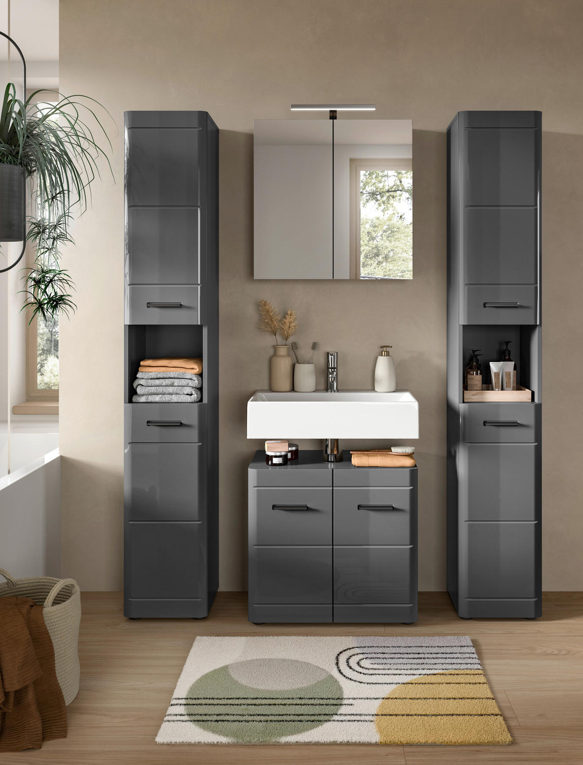 Badezimmer-Set SOFT grau grau Hochglanz B/H/T: ca. 60x190x34 cm SOFT - grau (60,00/190,00/34,00cm) - xonox.home