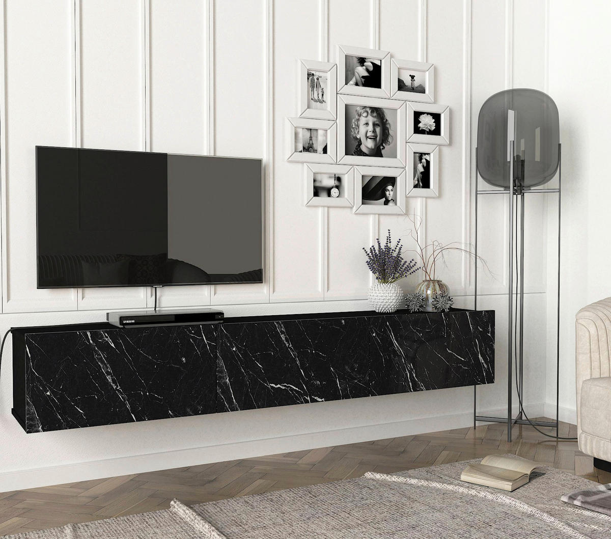 TV-Lowboard Damla schwarz Marmor Optik B/H/T: ca. 180x29,5x29,5 cm Damla - schwarz (180,00/29,50/29,50cm) - moebel17
