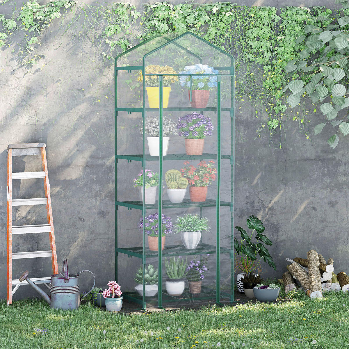 Outsunny Mini-Gewächshaus Mit 5 Regalen B/H/L: ca. 49x193x69 cm Mini-Gewächshaus_mit_5Regalen - grün/transparent (69,00/49,00/193,00cm) - Outsunny