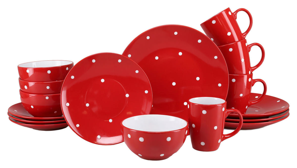 CreaTable Kombiservice Polka Dots weiß Steinzeug 16 tlg. Polka Dots - weiß/rot - CreaTable