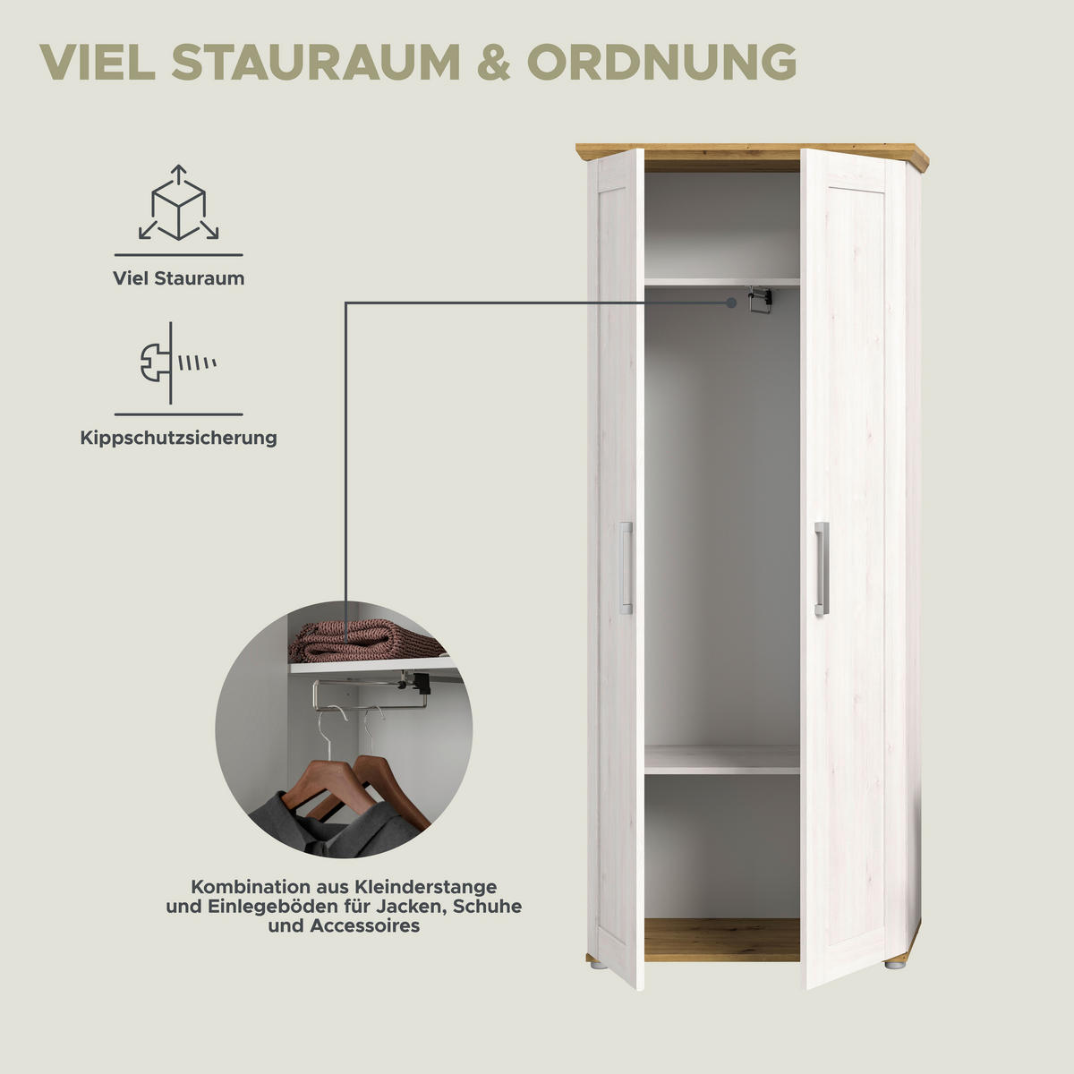 Garderobenschrank Verona Sibiu Lärche Nachbildung Eiche Artisan Nachbildung B/H/T: ca. 78x194x37 cm Verona - Eiche (78,00/194,00/37,00cm) - xonox.home