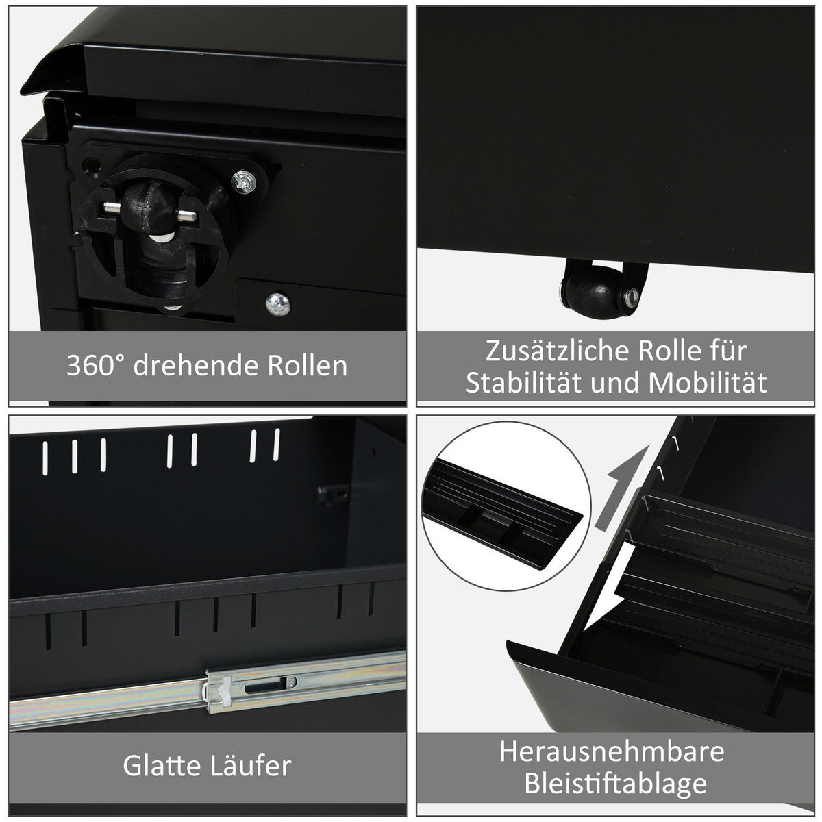 Rollcontainer 924-006BK schwarz B/H/T: ca. 39x59x48 cm 924-006BK - schwarz (39,00/59,00/48,00cm) - Vinsetto