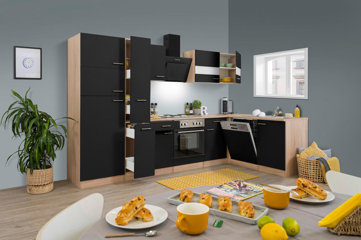 Respekta Winkelküche Economy schwarz matt B/H/T: ca. 310x200x172 cm Economy - Eiche/schwarz (310,00/200,00/172,00cm) - Respekta