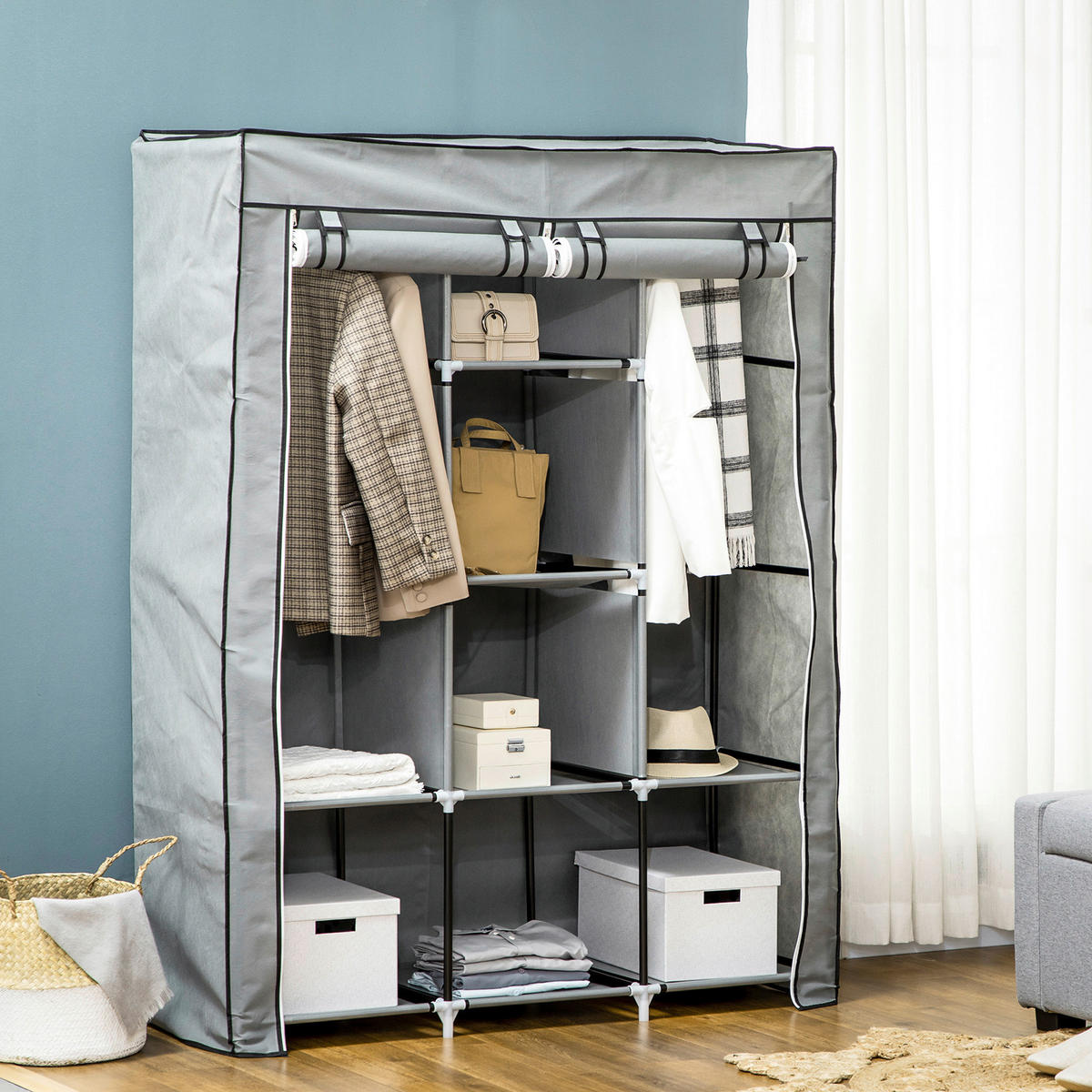 HOMCOM Kleiderschrank hellgrau Edelstahl B/H/L: ca. 43x125x162,5 cm Stoffschrank - hellgrau (162,50/43,00/125,00cm) - HOMCOM