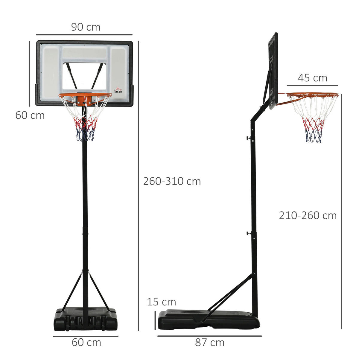 HOMCOM Basketballkorb schwarz B/H/L: ca. 60x90x310 cm Basketballständer - schwarz (310,00/60,00/90,00cm) - HOMCOM