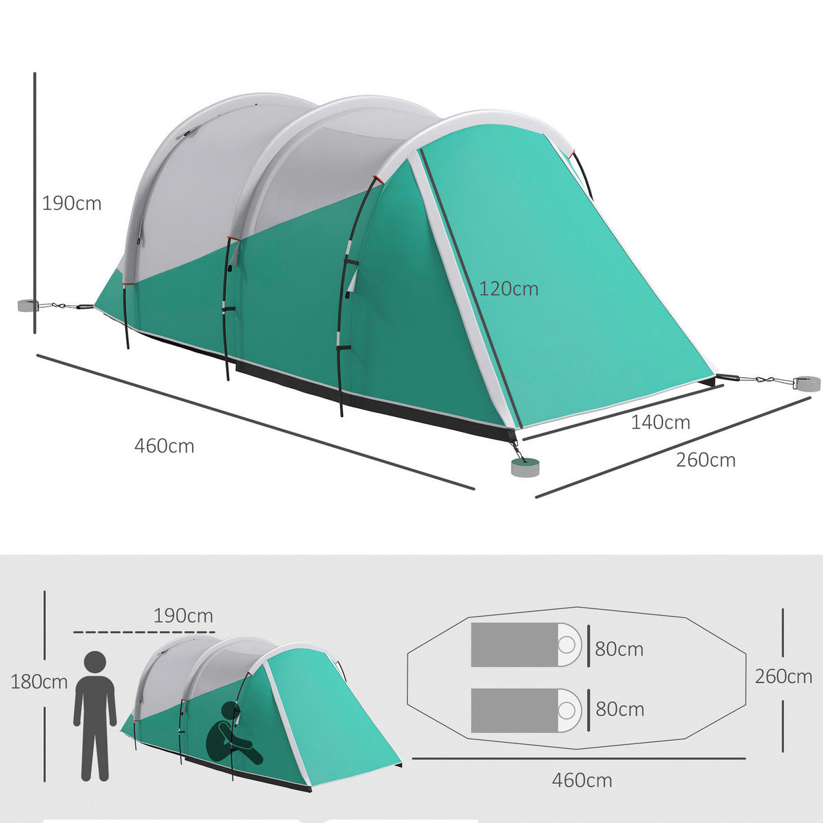 Outsunny Campingzelt B/H/L: ca. 260x190x460 cm Campingzelt - grün (460,00/260,00/190,00cm) - Outsunny