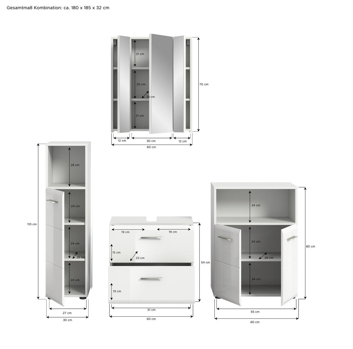 Badezimmer-Set ICE weiß weiß Hochglanz B/H/T: ca. 180x190x32 cm ICE - weiß (180,00/190,00/32,00cm) - xonox.home