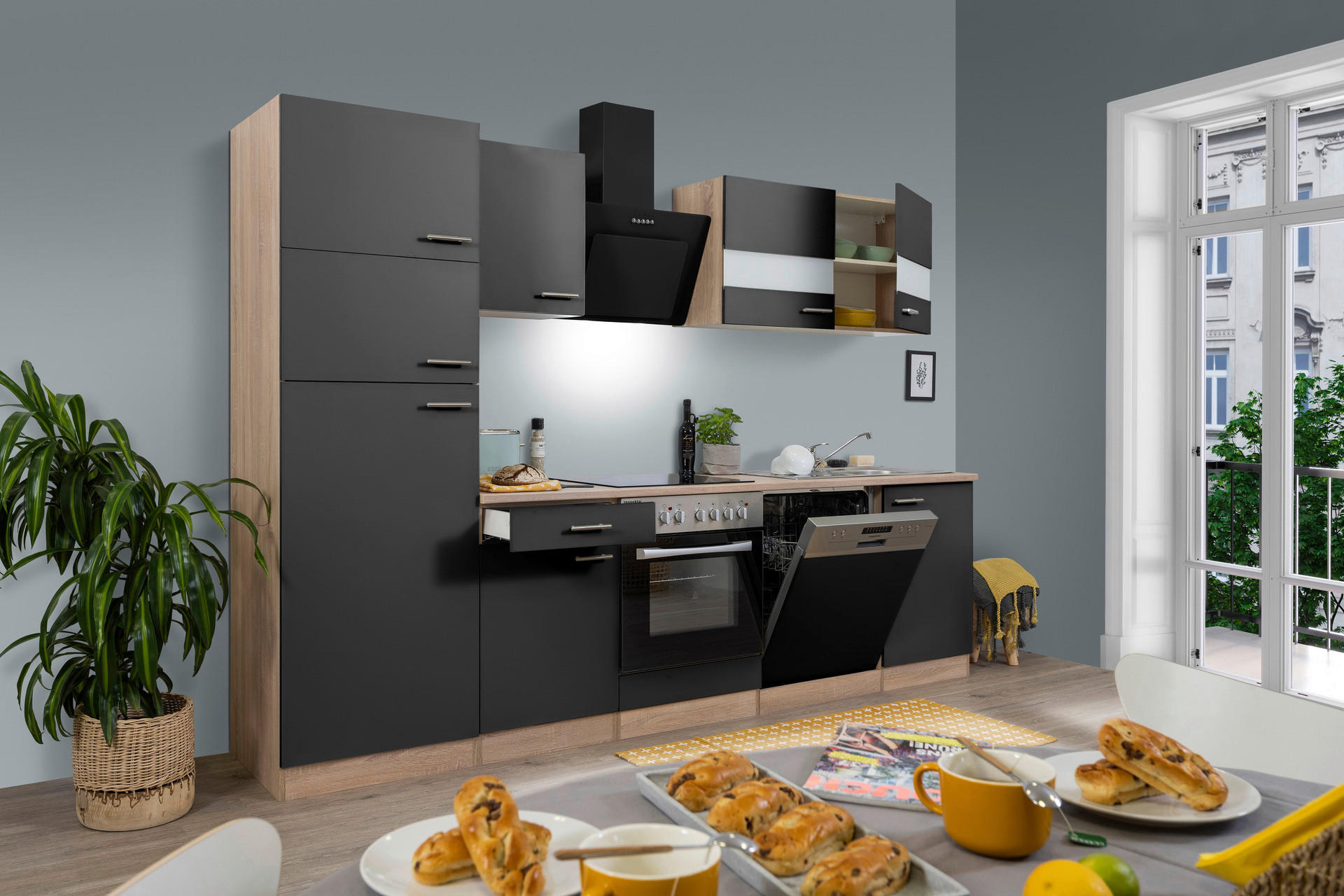 Respekta Küchenblock Economy schwarz B/H/T: ca. 280x200x60 cm Economy - Eiche/schwarz (280,00/200,00/60,00cm) - Respekta