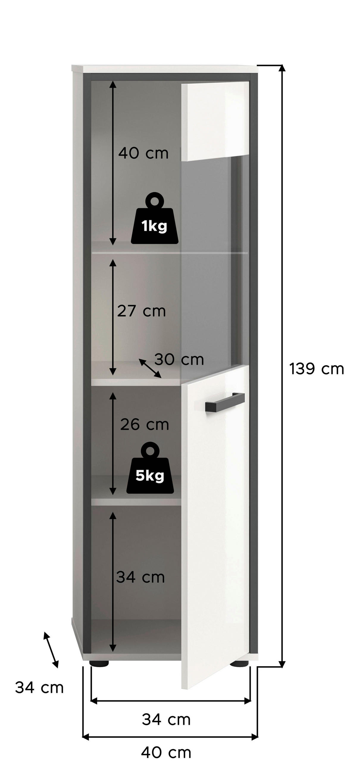 Midischrank KOJAK weiß Hochglanz anthrazit grau B/H/T: ca. 40x139x34 cm KOJAK - weiß/anthrazit (40,00/139,00/34,00cm) - xonox.home