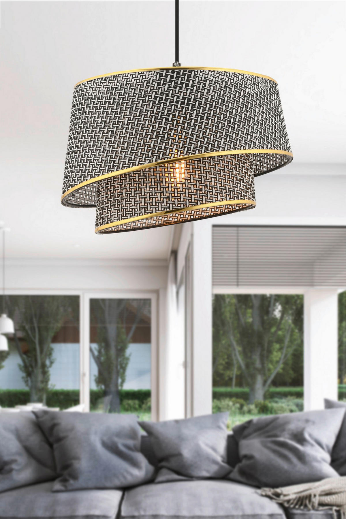 Opviq Pendelleuchte gold grau Stoff Metall B/H/L: ca. 32x65x32 cm E27 1 Brennstellen Barette Hazeran - gold/grau (32,00/32,00/65,00cm) - Opviq