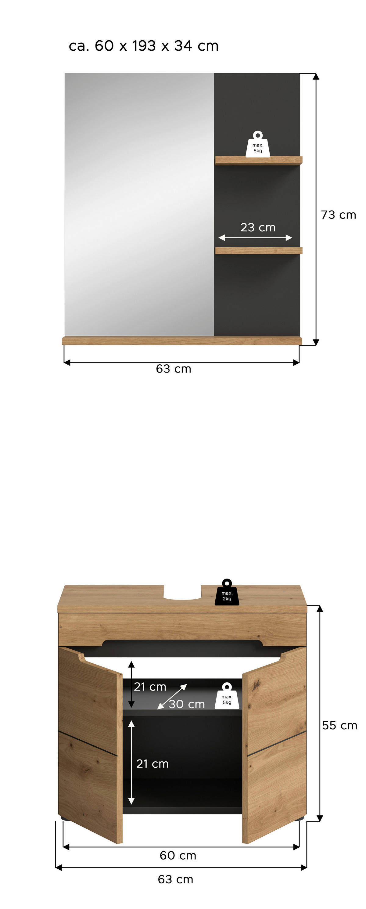 Badezimmer-Set Canu Basalt Eiche Artisan Nachbildung B/H/T: ca. 63x193x34 cm Canu - Eiche/Basalt (63,00/193,00/34,00cm) - xonox.home