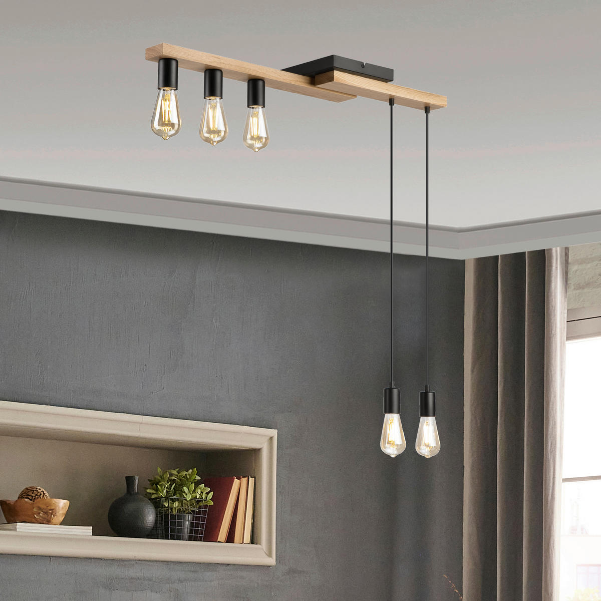 Lamkur Pendelleuchte weiß Holz B/H/L: ca. 20x86x84 cm E27 5 Brennstellen CORTINA - weiß (84,00/20,00/86,00cm) - Lamkur