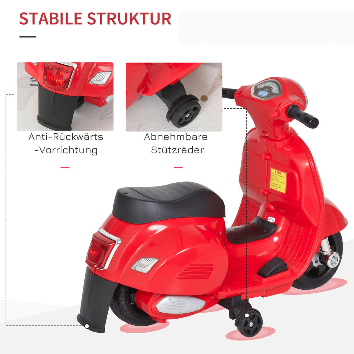 HOMCOM Elektrisches-Kindermofa rot B/H/L: ca. 38x52x66,5 cm Elektrisches-Kindermofa - rot (66,50/38,00/52,00cm) - HOMCOM