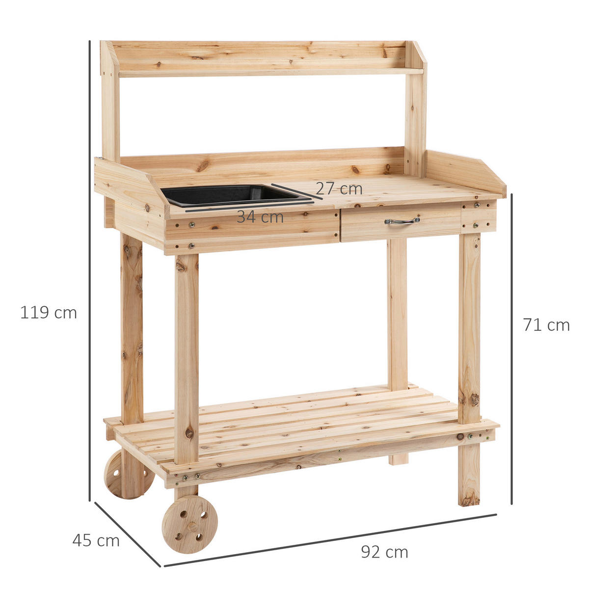 Outsunny Pflanztischmit Rollen natur B/H/L: ca. 45x119x92 cm Gärtnertisch 845-460ND - natur (92,00/45,00/119,00cm) - Outsunny