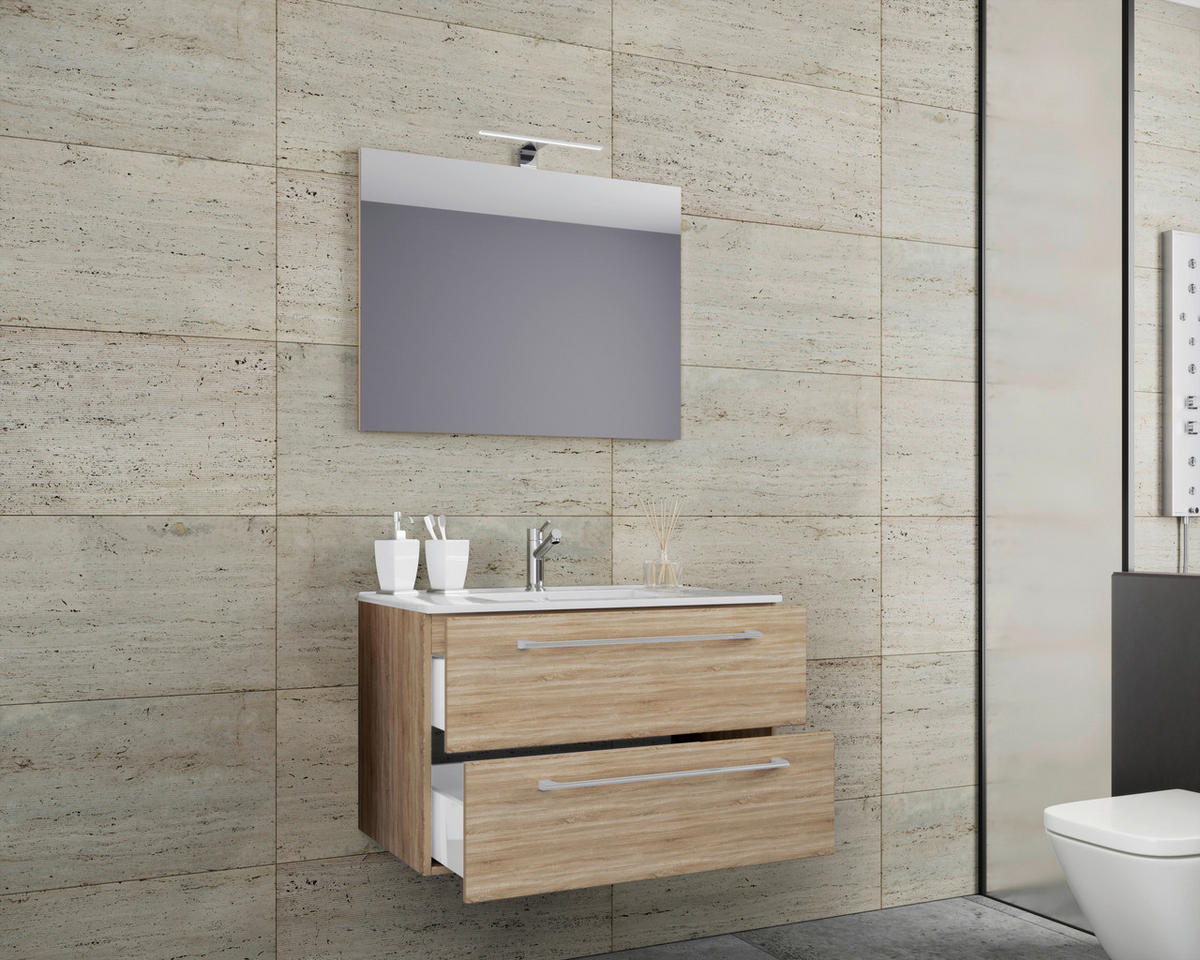 Waschplatz 3tlg-Badinos weiß Eiche Sonoma Nachbildung B/H/T: ca. 80x50x46 cm 3tlg-Badinos - Eiche/weiß (80,00/50,00/46,00cm) - VCM Möbel
