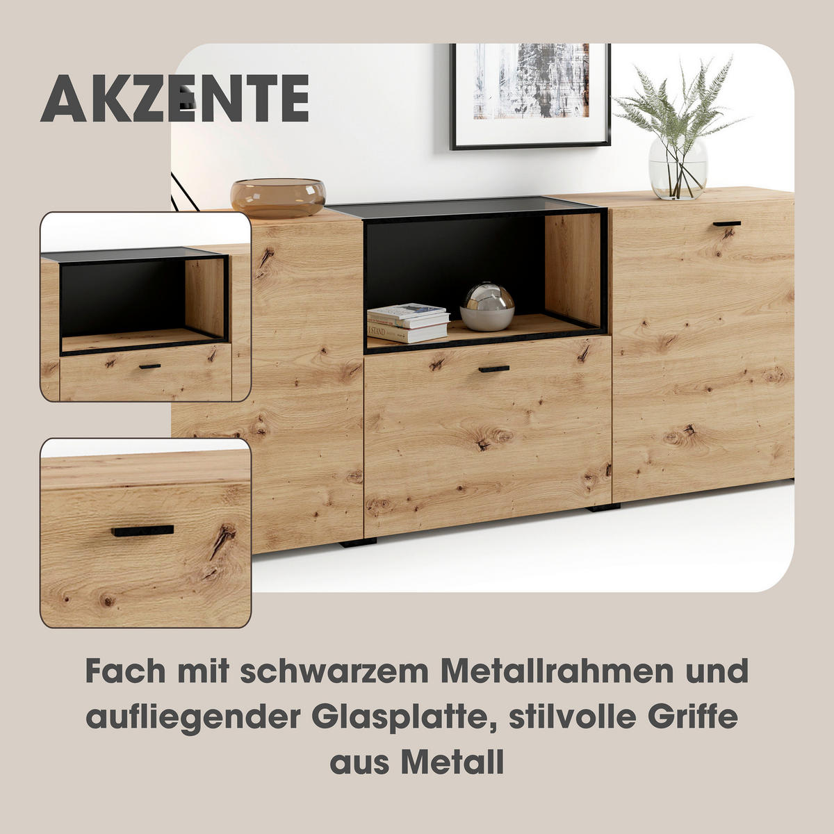 Sideboard FRAME Eiche schwarz B/H/T: ca. 200x75,5x37,5 cm FRAME - Eiche/schwarz (200,00/75,50/37,50cm) - byLIVING
