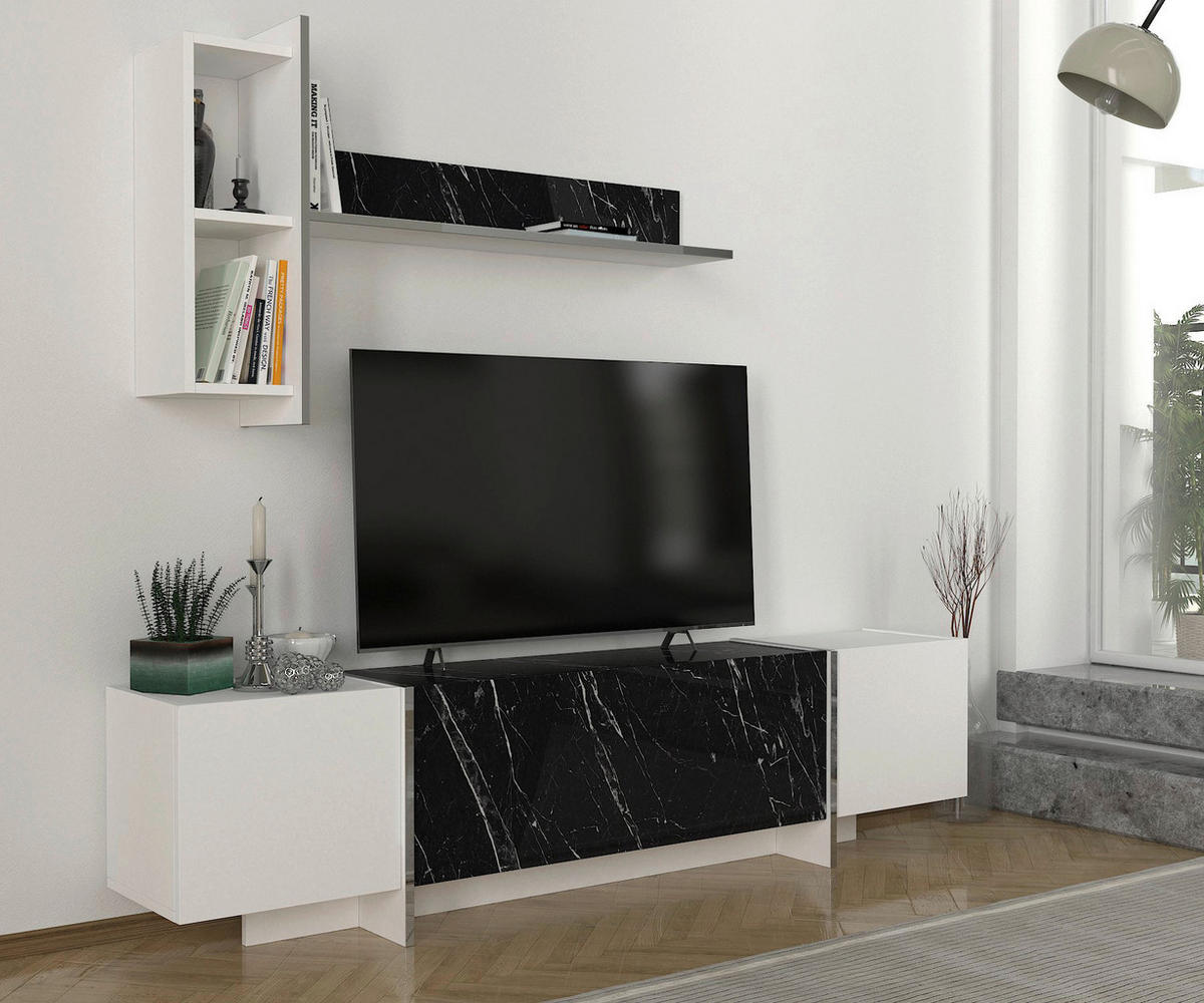 Wohnwand Veyron weiß Marmoroptik schwarz B/H/T: ca. 180x45x32 cm Veyron - weiß/Marmoroptik (180,00/45,00/32,00cm) - moebel17