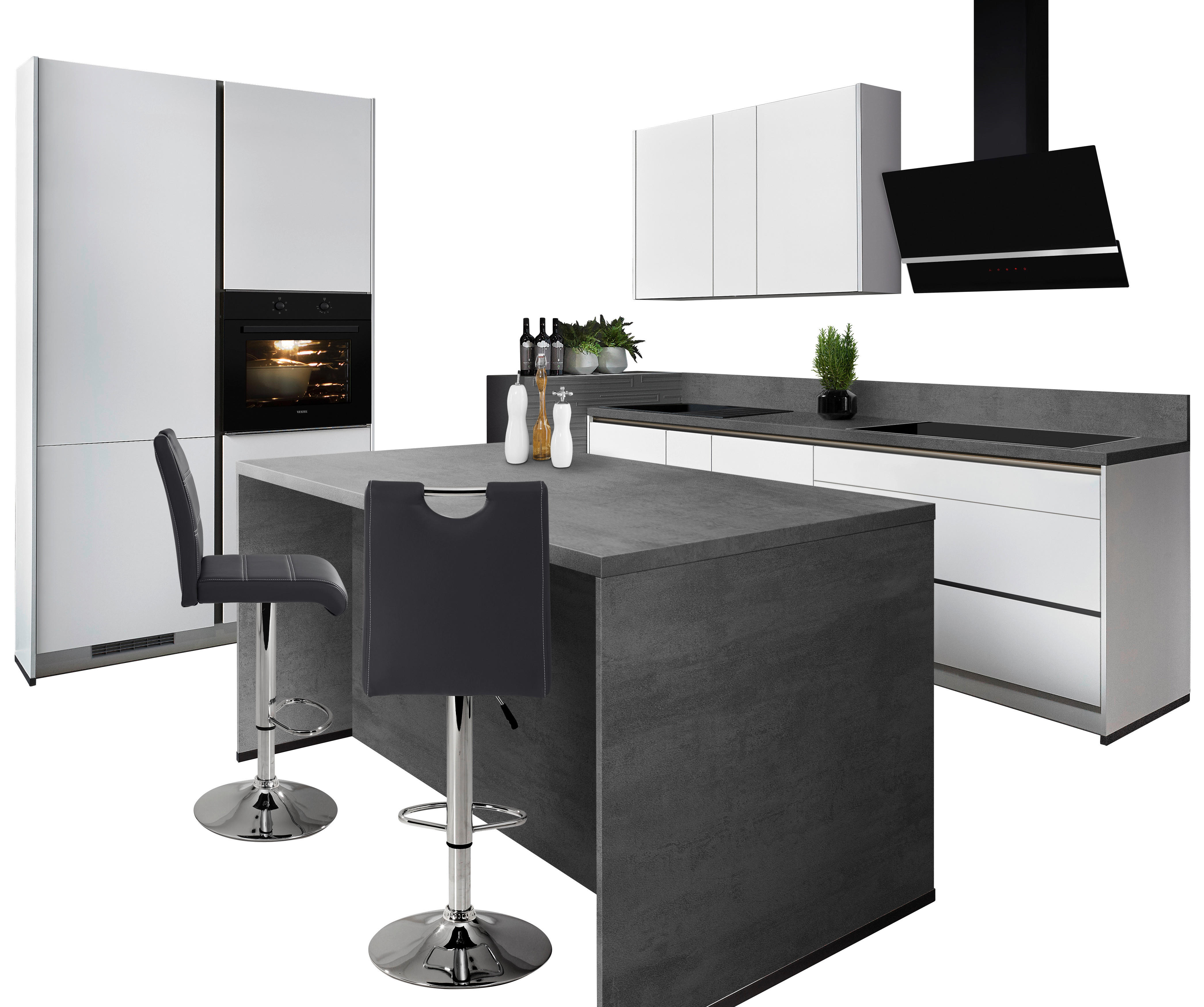 Impuls Inselküche IP4050 weiß Lack Hochglanz B/T/L: ca. 274x60x127 cm IP4050 - weiß/Beton Schiefergrau (274,00/127,00cm) - Impuls