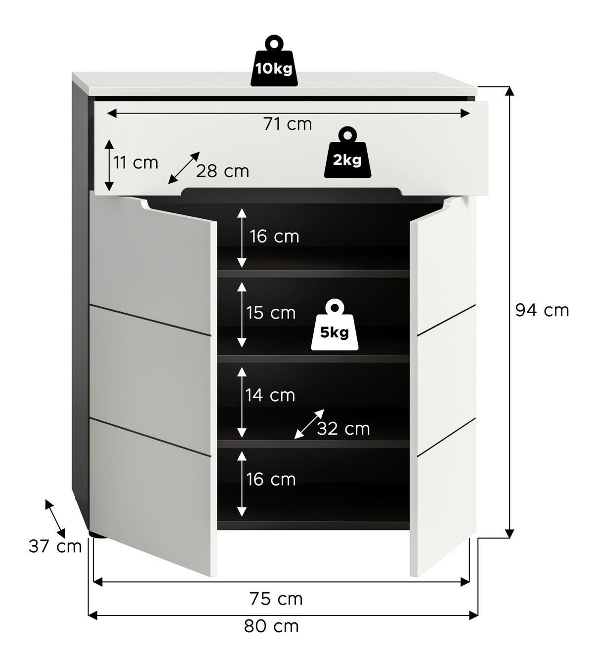 Schuhkommode Canu basaltgrau Nachbildung weiß B/H/T: ca. 80x94x37 cm Canu - weiß/basaltgrau (80,00/94,00/37,00cm) - xonox.home