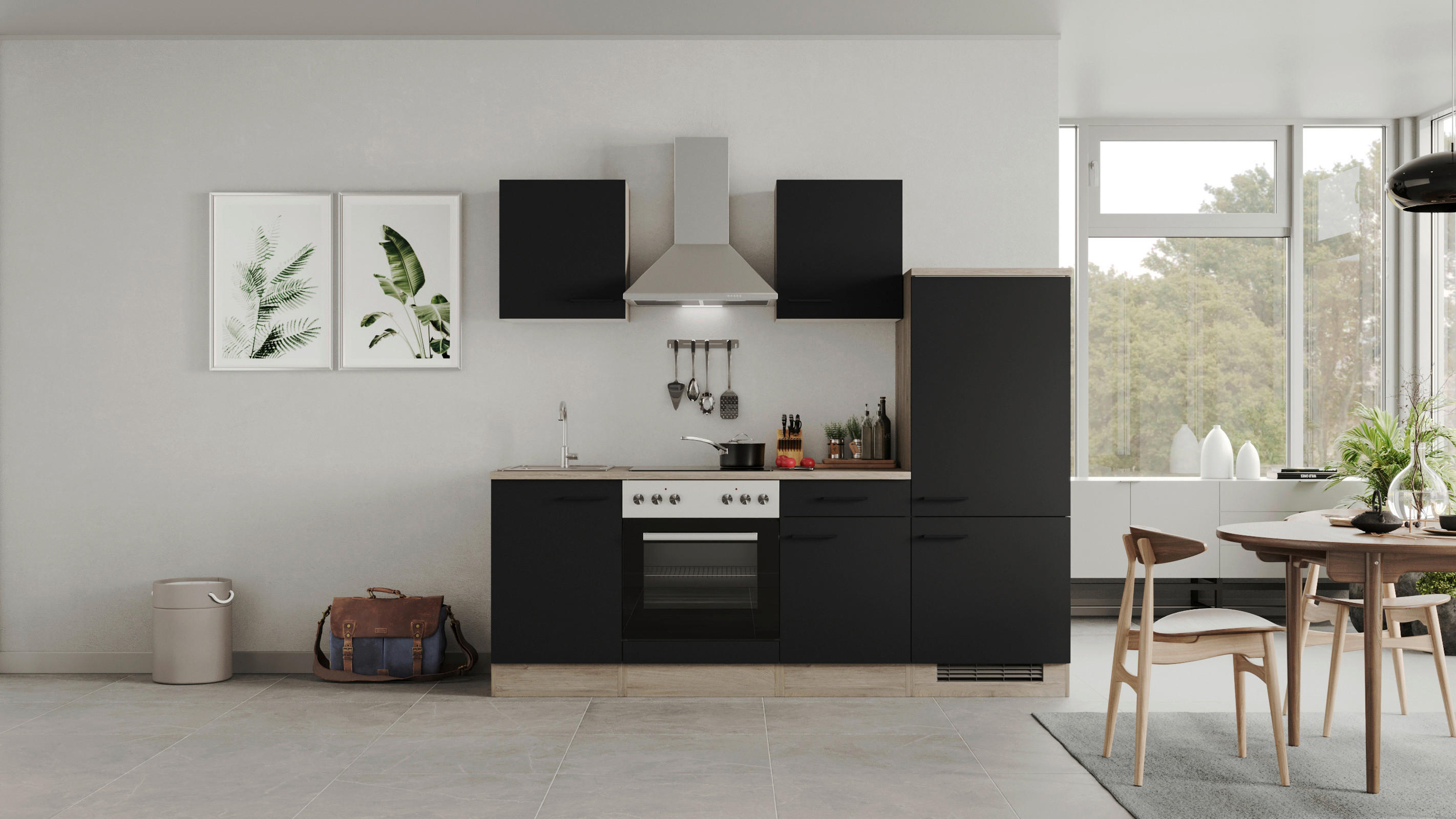 Küchenblock Capri schwarz matt B/H/T: ca. 220x200x60 cm Capri - schwarz/Oak (220,00/200,00/60,00cm) - Flex-Well