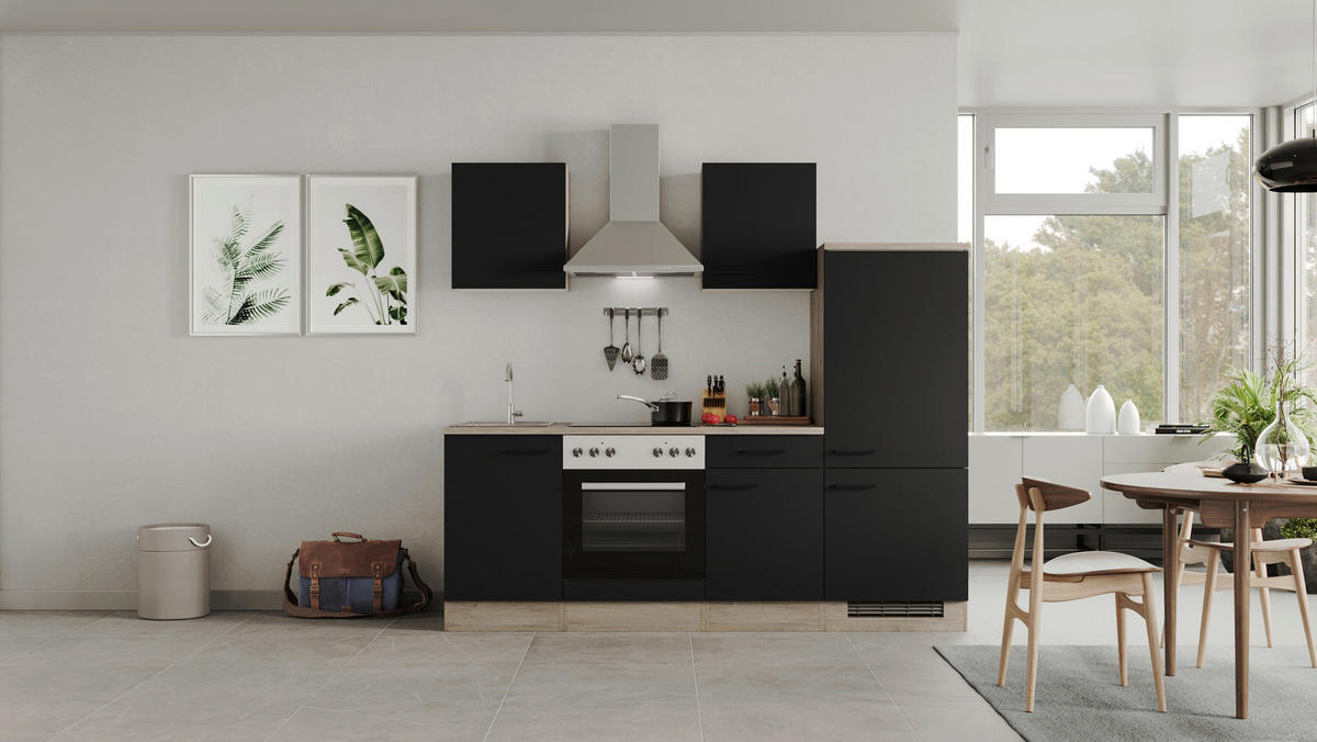 Küchenblock Capri schwarz matt B/H/T: ca. 220x200x60 cm Capri - schwarz/Oak (220,00/200,00/60,00cm) - Flex-Well