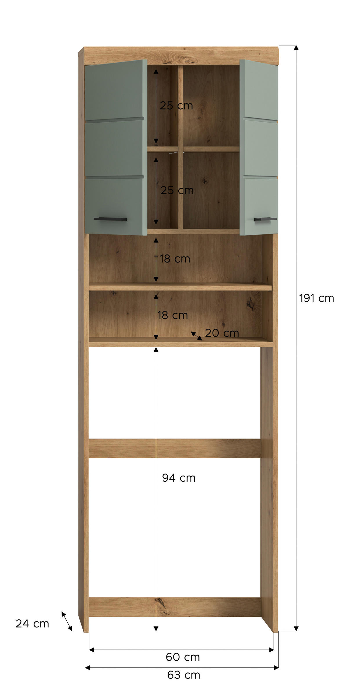 Waschmaschinenumbauschrank Scout Eiche Artisan Nachbildung salbei Nachbildung B/H/T: ca. 63x191x24 cm Scout - Eiche/salbei (63,00/191,00/24,00cm) - xonox.home