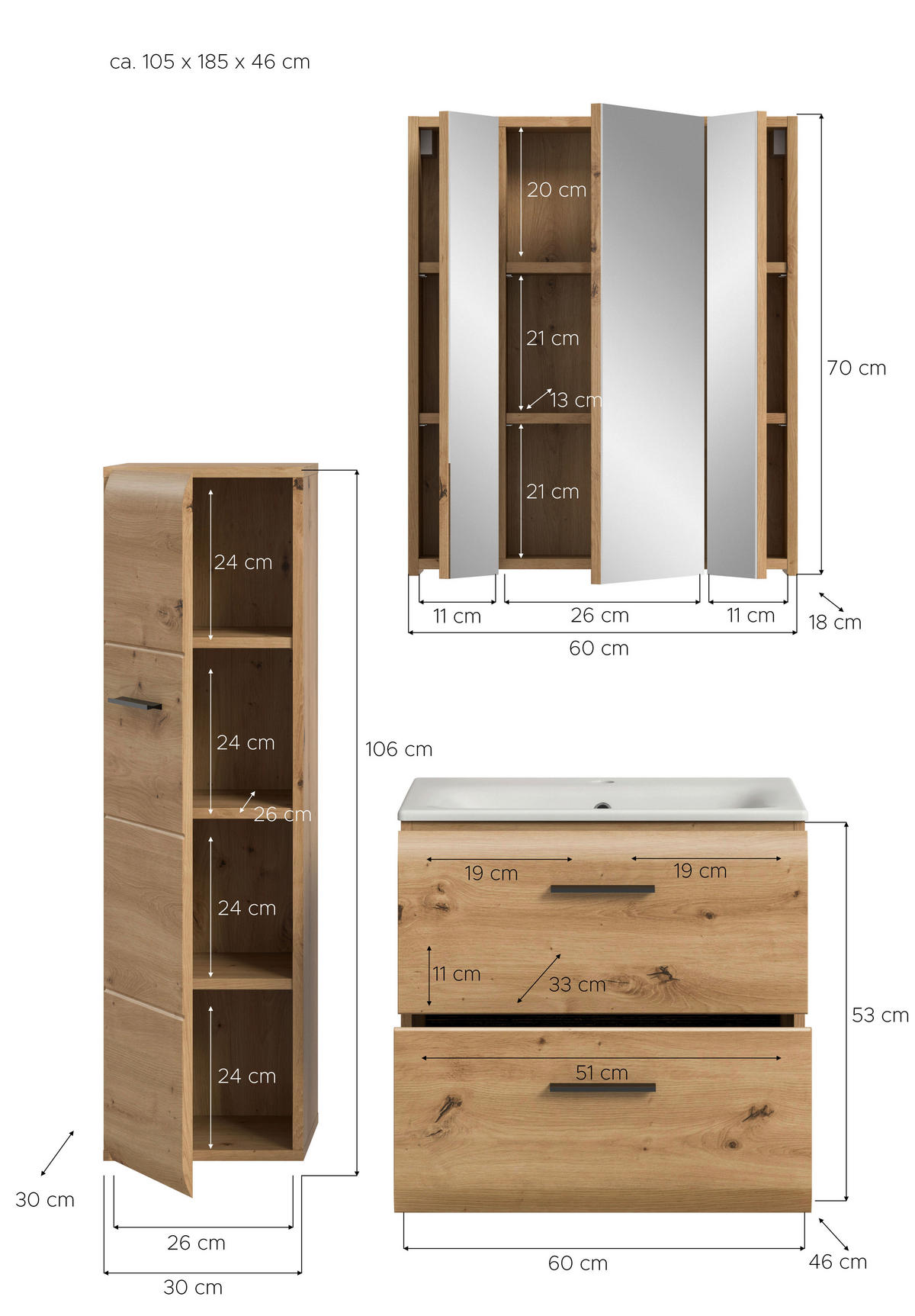 Badezimmer-Set Ice Artisan Oak Nachbildung B/H/T: ca. 105x185x46 cm Ice - (105,00/185,00/46,00cm) - xonox.home