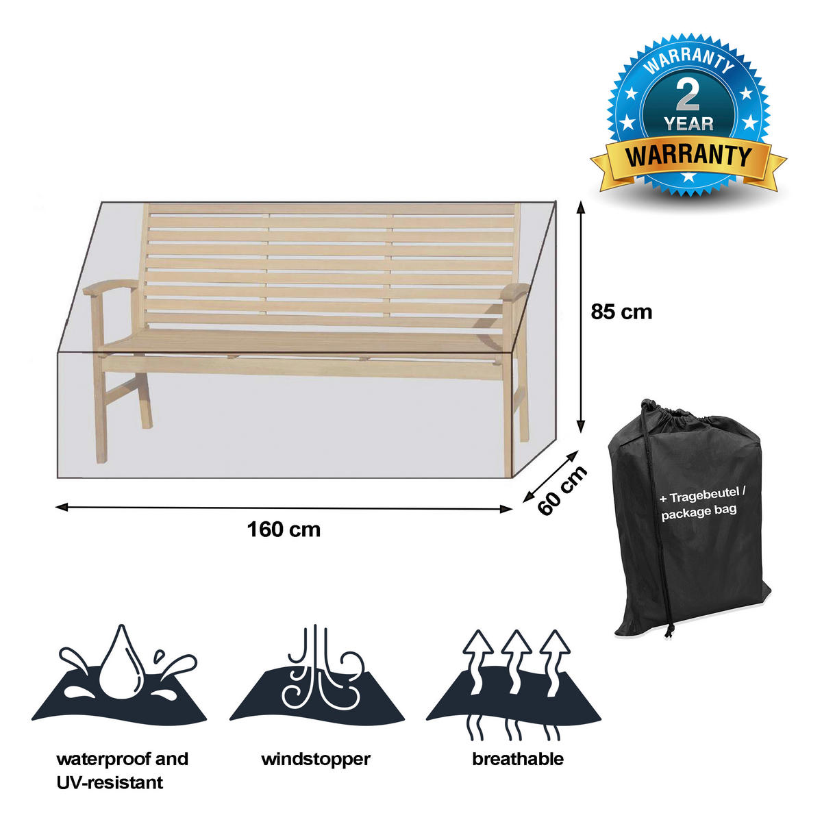 Grasekamp Schutzhülle für Gartenbank Black Premium schwarz Polyester-Mischgewebe B/H/L: ca. 60x85x160 cm Black Premium - schwarz (160,00/60,00/85,00cm) - Grasekamp