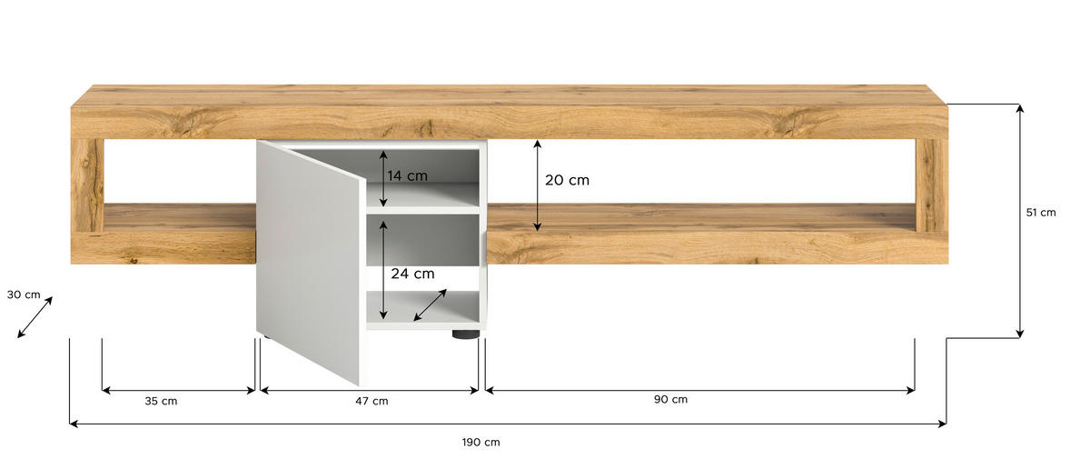 Lowboard Samba weiß Eiche Wotan Nachbildung B/H/T: ca. 190x51x30 cm Samba - Eiche/weiß (190,00/51,00/30,00cm) - xonox.home