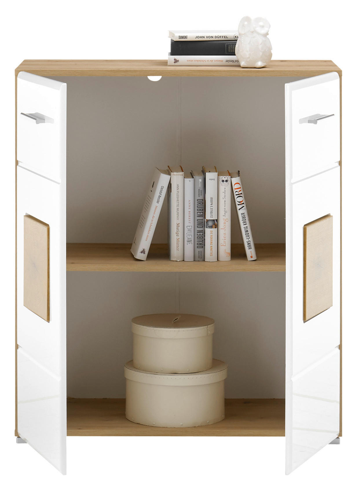 Kommode Georgia weiß Hochglanz Eiche Artisan Nachbildung Hirnholz Optik B/H/T: ca. 80x92x38 cm Georgia - Eiche/weiß (80,00/92,00/38,00cm)