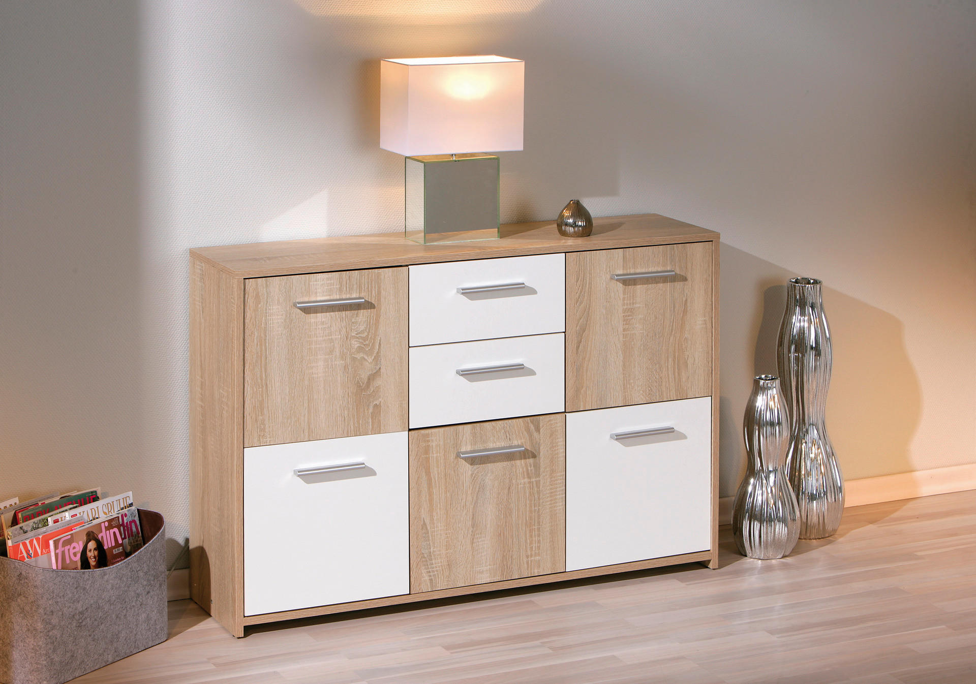 Kommode Elvezia Eiche Sonoma Nachbildung weiß B/H/T: ca. 115x77x30 cm Elvezia - Eiche/weiß (115,00/77,00/30,00cm) - Inter Link