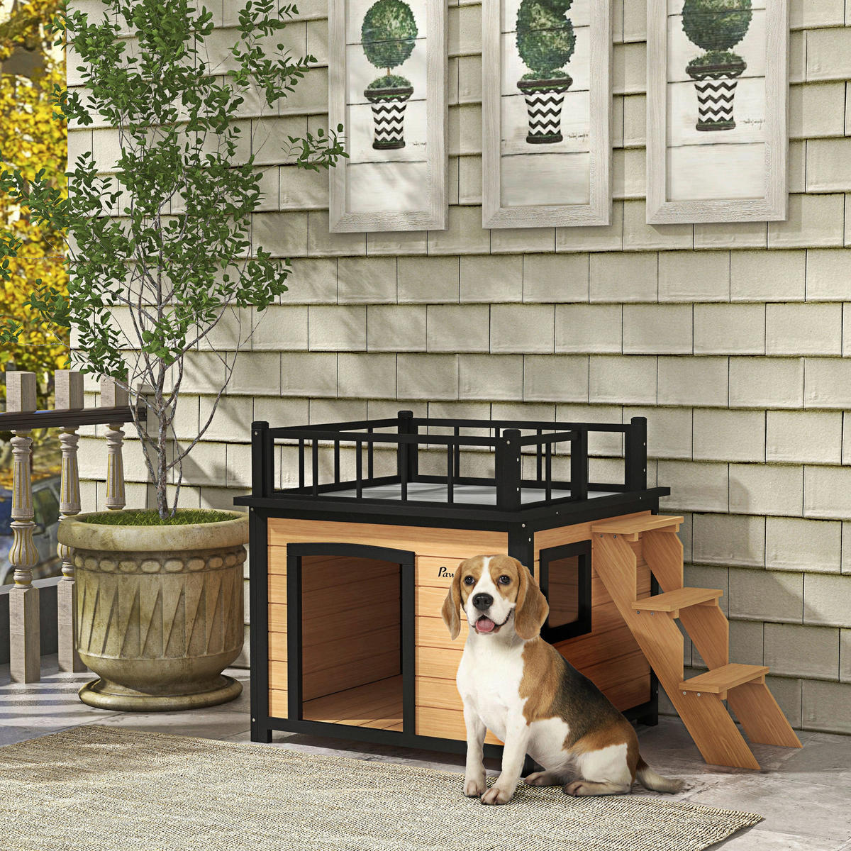 PawHut Hundehütte gelb Holz B/H/L: ca. 77x78x121 cm Hundehütte - gelb (121,00/77,00/78,00cm) - PawHut
