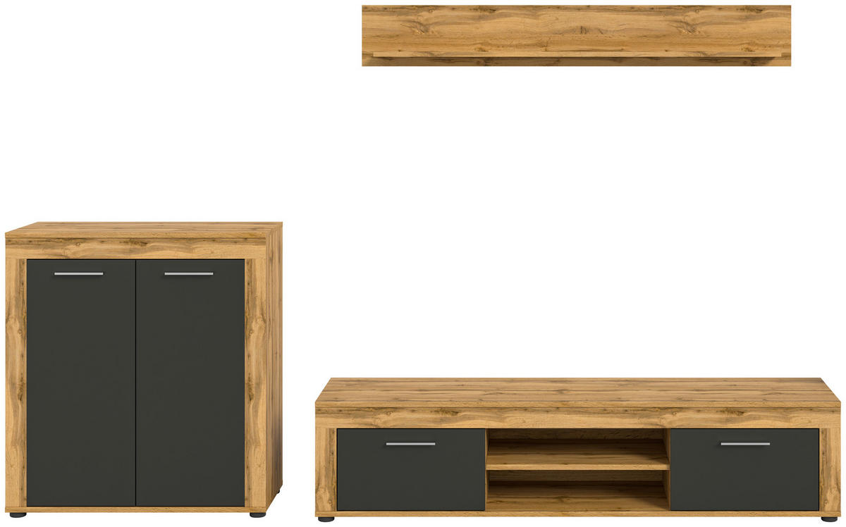Wohnwand Jam Eiche Wotan Nachbildung grau B/H/T: ca. 255x159x35 cm Jam - Eiche/grau (255,00/159,00/35,00cm) - xonox.home