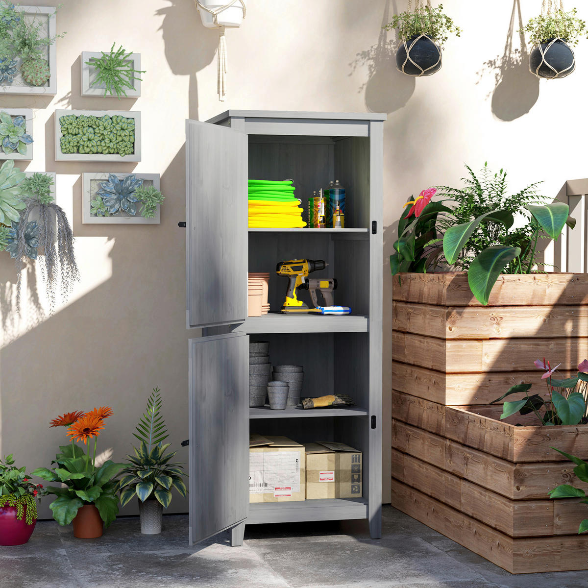 Outsunny Gartenschrank Gartenschrank - hellgrau (60,00/60,00/160,00cm) - Outsunny
