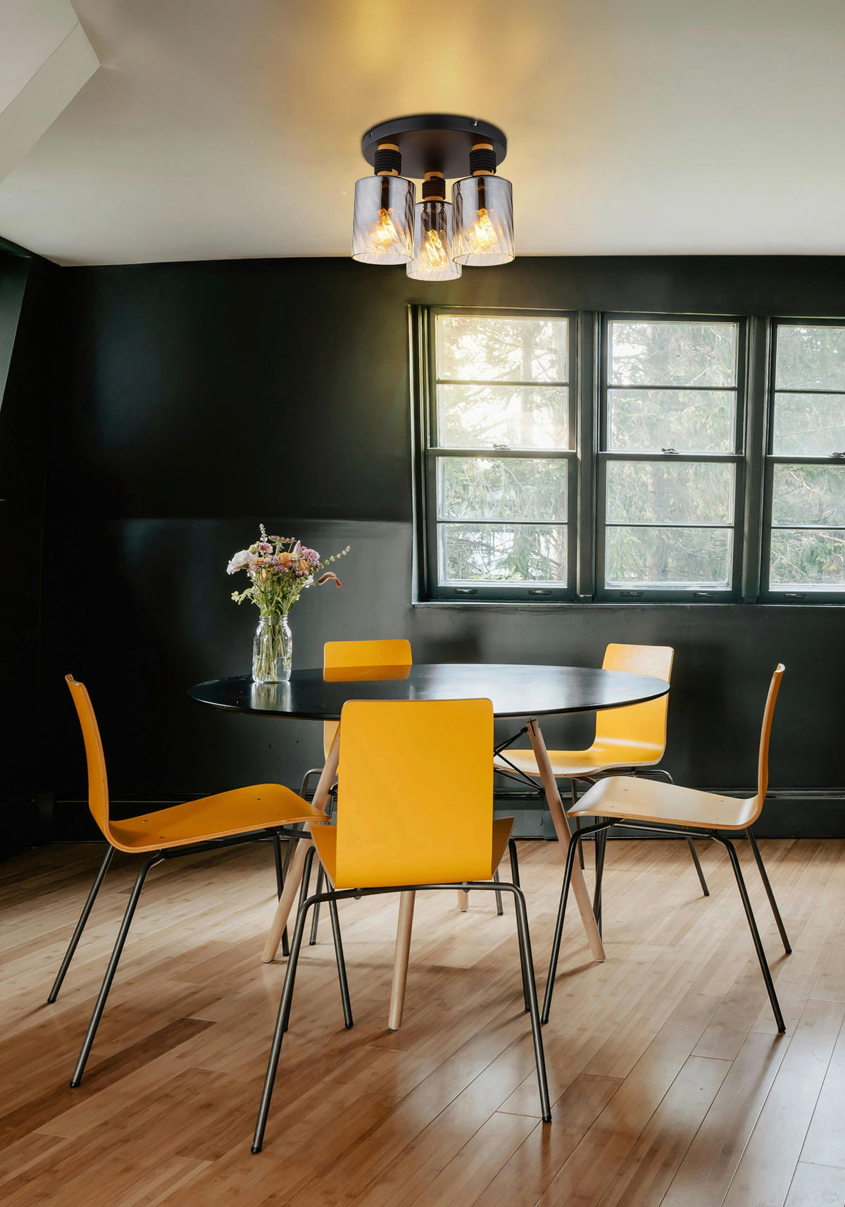 GLOBO Deckenleuchte mattschwarz braun Rauch Holz Metall Glas H/D: ca. 25,4x32 cm E27 3 Brennstellen Osborne - braun/mattschwarz (32,00/25,40cm) - GLOBO