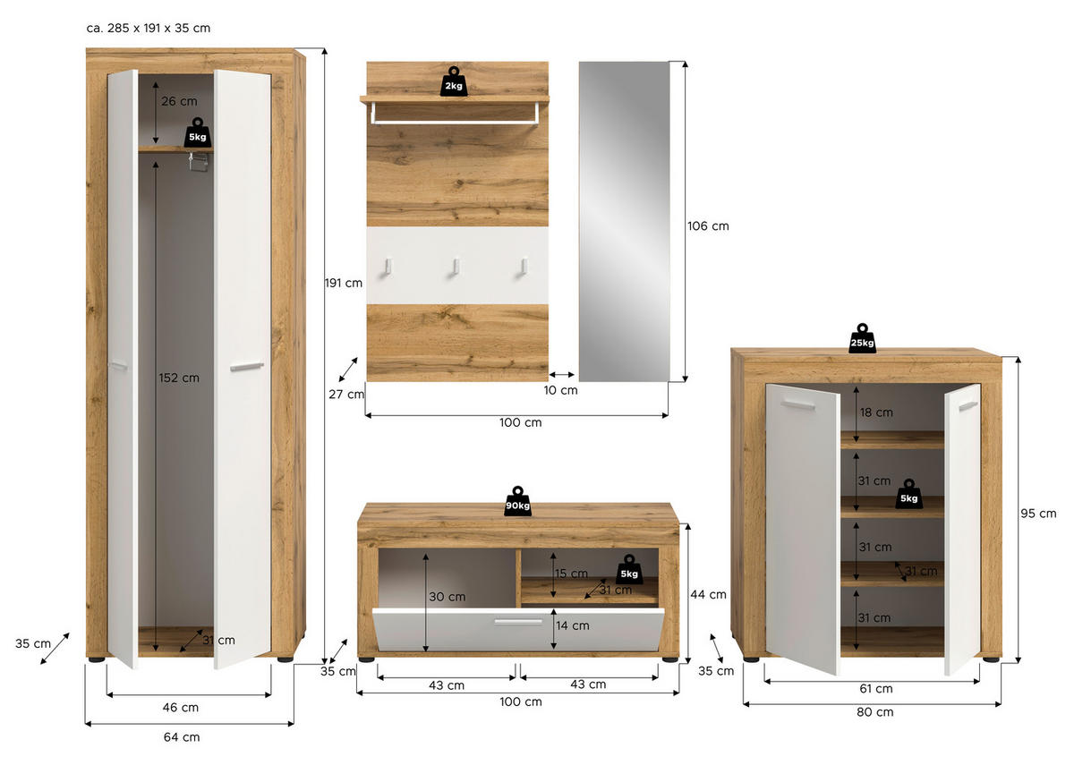 Garderobe JAM Eiche Wotan Nachbildung weiß B/H/T: ca. 185x191x35 cm JAM - Eiche/weiß (185,00/191,00/35,00cm) - xonox.home