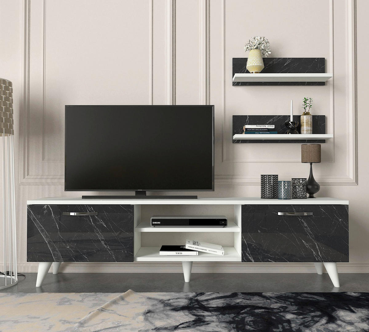 Wohnwand Geacles weiß dunkelgrau Marmor Optik B/H/T: ca. 150x40,6x30 cm Geacles - weiß/dunkelgrau (150,00/40,60/30,00cm) - moebel17