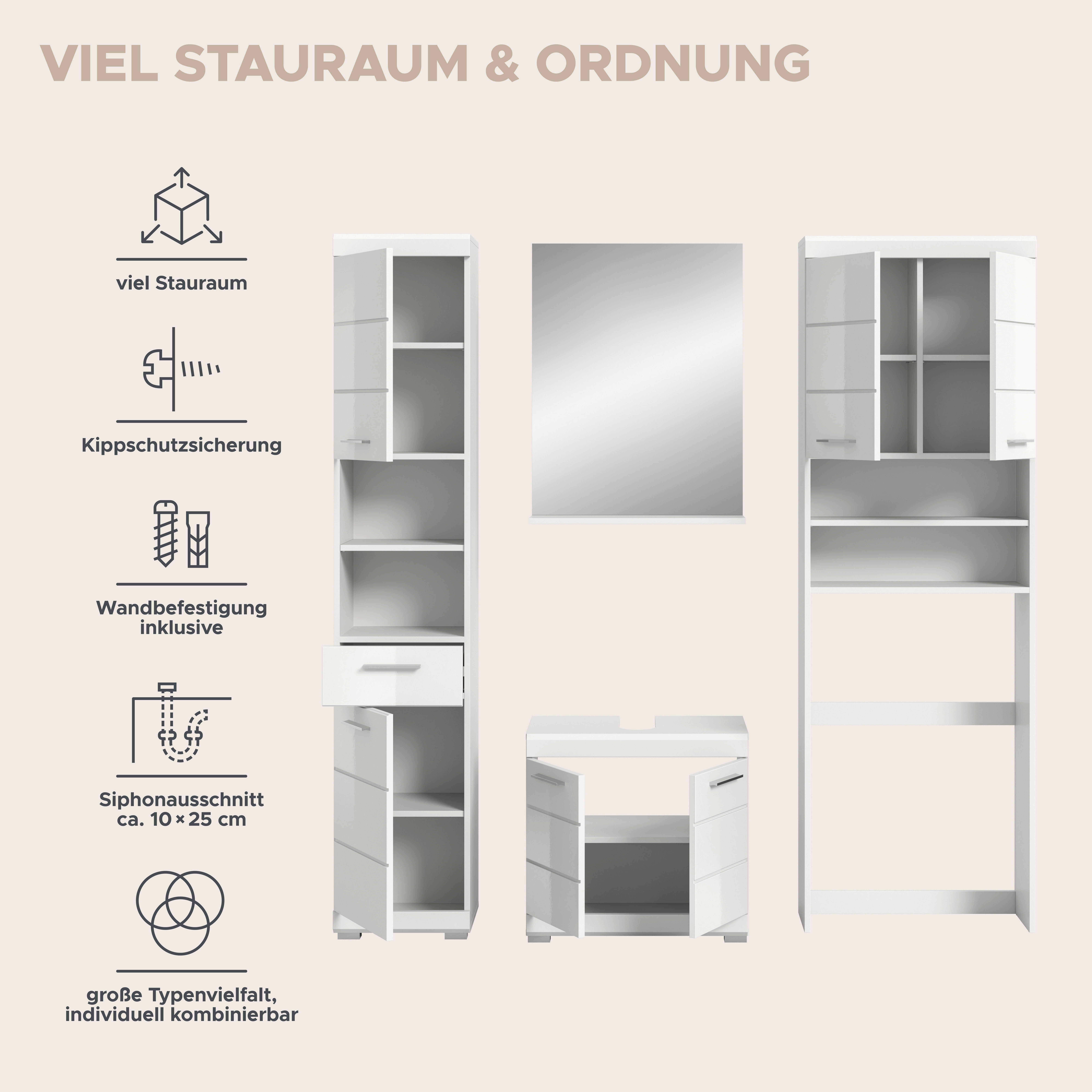 Badezimmer-Set Scout weiß weiß Hochglanz B/H/T: ca. 190x191x34 cm Scout - weiß (190,00/191,00/34,00cm) - xonox.home