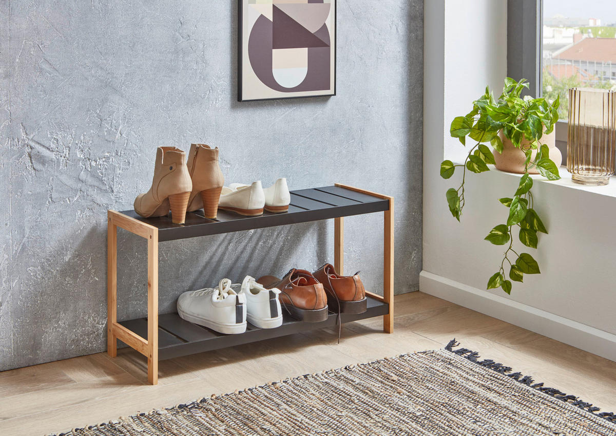 Schuhregal natur schwarz B/H/T: ca. 70x36x26 cm KLEINMÖBEL Schuhregal - natur/schwarz (70,00/36,00/26,00cm) - xonox.home