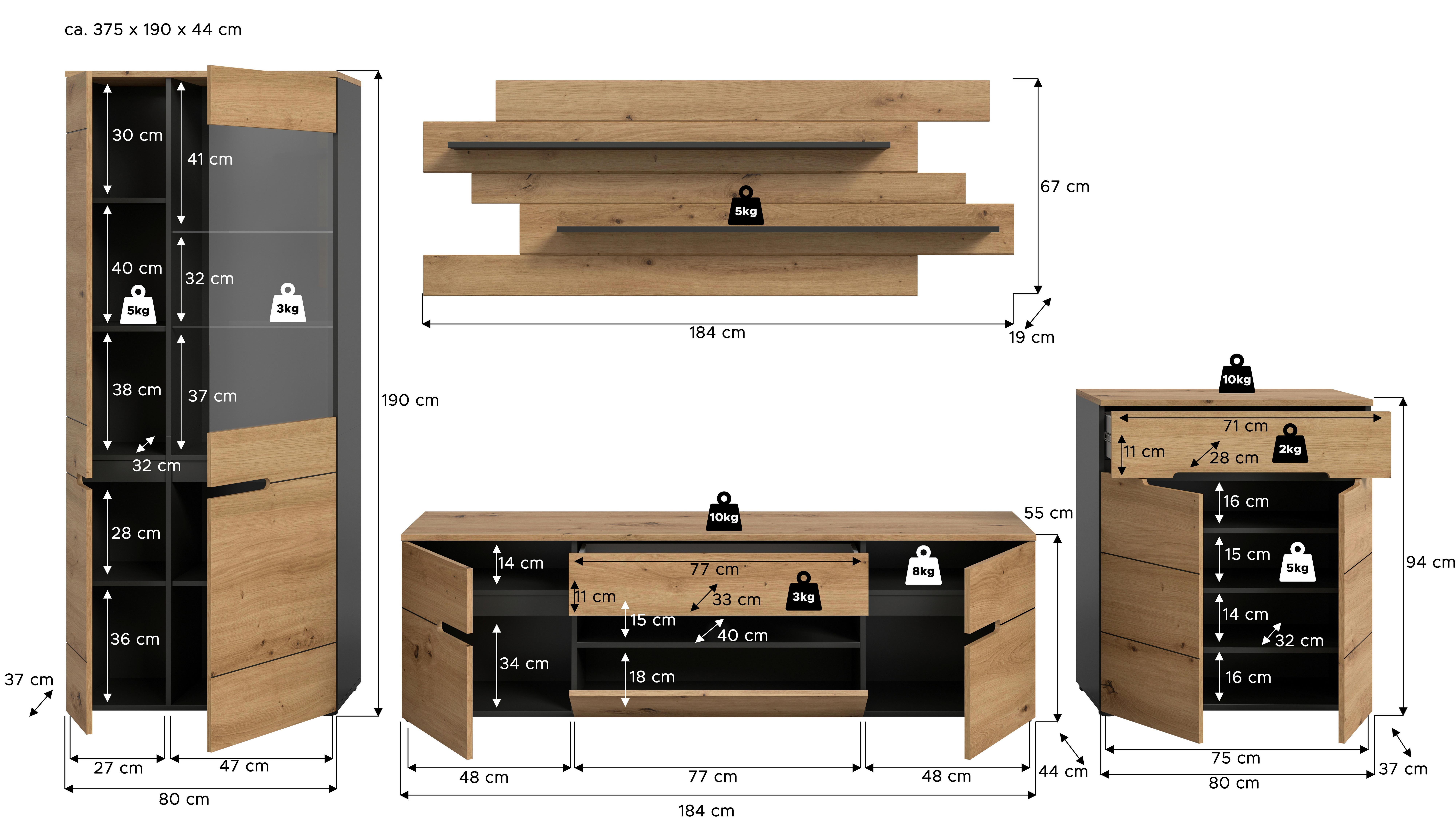Thumbnail - Wohnwand Canu basaltgrau Nachbildung Artisan Oak Nachbildung B/H/T: ca. 375x190x44 cm