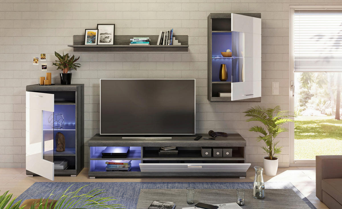 Wohnwand Scout Rauchsilber Nachbildung weiß Hochglanz B/H/T: ca. 265x185x40 cm Scout - weiß (265,00/185,00/40,00cm)