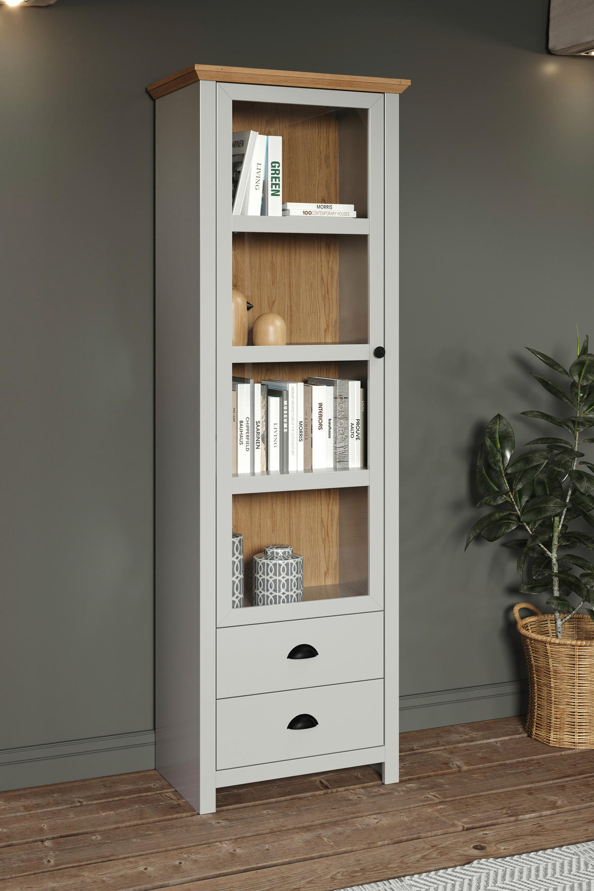 Standvitrine Landside Lichtgrau Eiche Artisan Nachbildung B/H/T: ca. 65x201x41 cm Landside - Lichtgrau/Eiche (65,00/201,00/41,00cm) - Trendteam